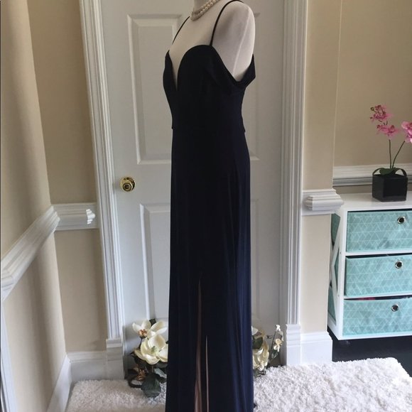 Dark Navy Off the Shoulder Side Slit Formal Dress - Picture 10 of 13